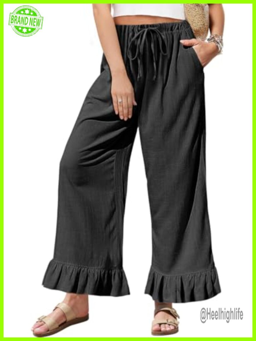 Women's Linen Wide Leg Palazzo Pants Ruffle Hem Drawstring
